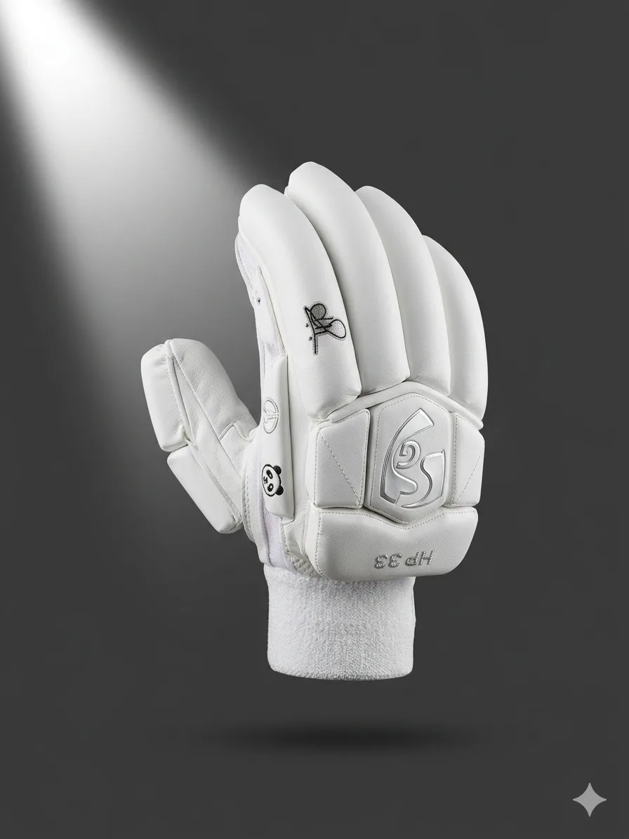 SG HP 33 Batting Gloves (2026) | Hardik Pandya Series 1 SG HP 33 Batting Gloves 2026 Edition in White/Gold, highlighting the multi-flex finger rolls, reinforced thumb, and premium leather palm.