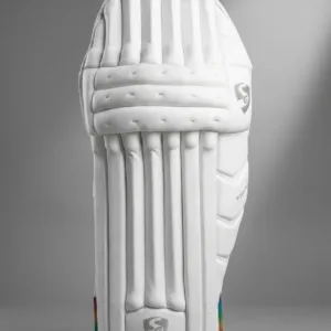 SG HP 33 Batting Pads 2026 Edition in White/Gold, highlighting the high-density foam rolls, reinforced instep, and wide padded straps.