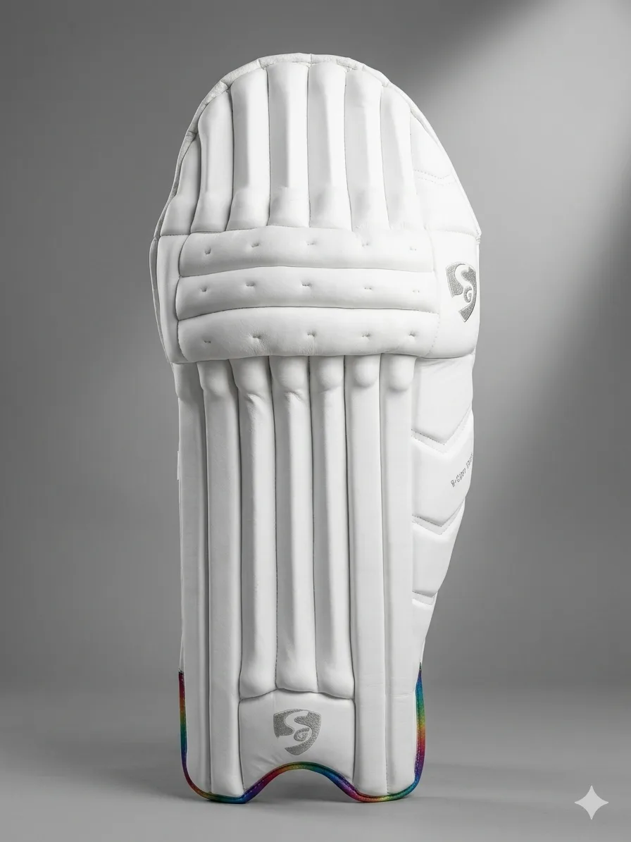 SG HP 33 – Hardik Pandya Series Elite Lightweight Batting Pads (2026) 1 SG HP 33 Batting Pads 2026 Edition in White/Gold, highlighting the high-density foam rolls, reinforced instep, and wide padded straps.