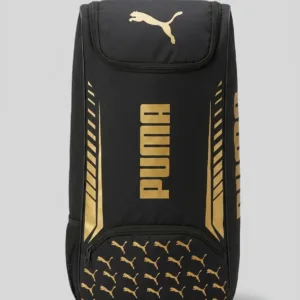 Puma Junior Duffle Cricket Bag in Black/White, showing the sleek vertical design and padded adjustable shoulder straps.