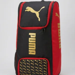 Puma Junior Duffle Wheeler 093193 01 in Black/White, highlighting the integrated wheels, shoulder straps, and large Puma Cat branding.