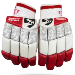 SG Sunny Tonny Batting Gloves displaying the multi-sectioned white finger rolls, reinforced lead finger tips, and wide elastic wrist strap.