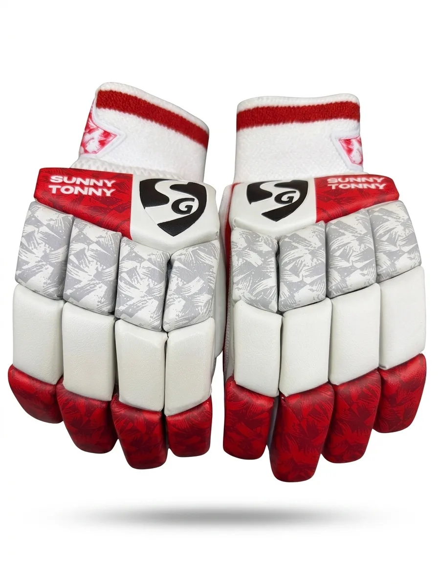 SG Sunny Tonny Batting Gloves - Light Weight Series 1 SG Sunny Tonny Batting Gloves displaying the multi-sectioned white finger rolls, reinforced lead finger tips, and wide elastic wrist strap.