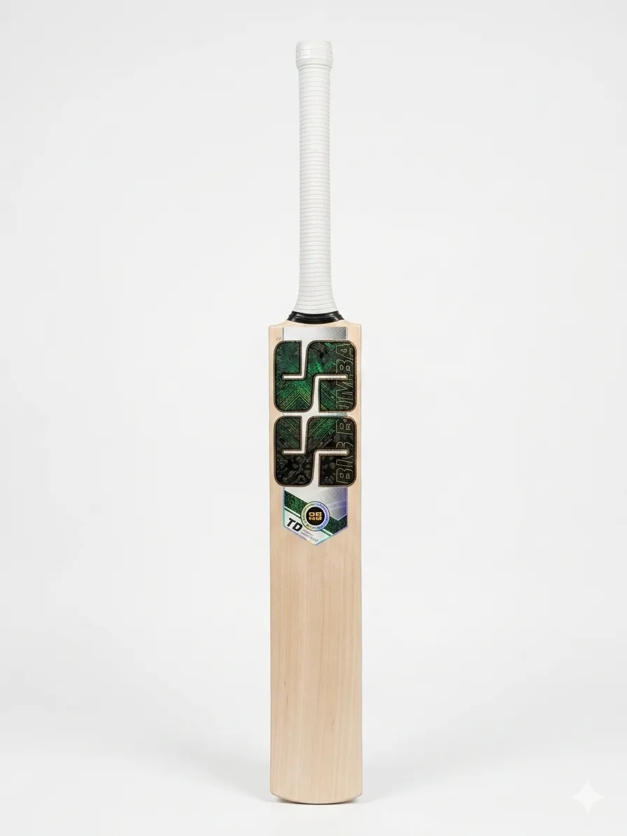 SS Tim David Player – Elite Power-Hitting Kashmir Willow Cricket Bat 1 SS Tim David Player Kashmir Willow Bat, showing the aggressive thick-edged profile, short cane handle, and signature Tim David series decals.