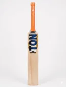 SS Dhoni Players Kashmir Willow Cricket Bat, showcasing the thick profile edges, embossed chrome branding, and premium scale grip layout.