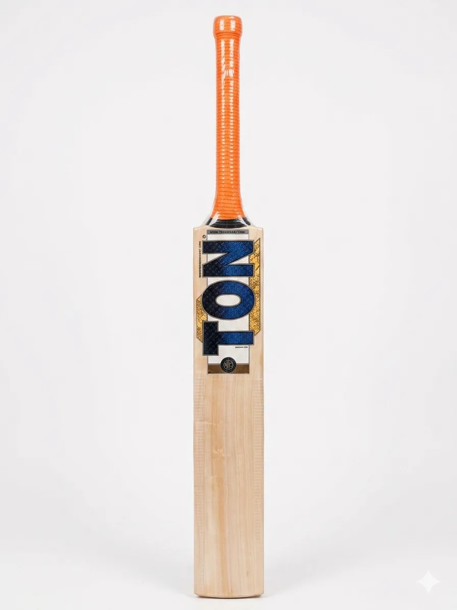 SS Dhoni Players Kashmir Willow Cricket Bat | Grade 1 1 SS Dhoni Players Kashmir Willow Cricket Bat, showcasing the thick profile edges, embossed chrome branding, and premium scale grip layout.