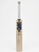 GM Brava 707 English Willow Cricket Bat highlighting the thick un-scalloped edges, straight grain alignment, and fresh navy/gold sticker design.