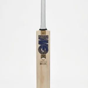 GM Brava 707 English Willow Cricket Bat highlighting the thick un-scalloped edges, straight grain alignment, and fresh navy/gold sticker design.