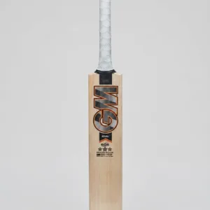 2026 GM Rival 606 English Willow Cricket Bat showing its sweeping profile contours, deep un-scalloped toe, and striking chequered-flag decal accents.