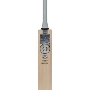 GM Maxi English Willow Cricket Bat highlighting its low sweet spot profile, imposing un-scalloped edges, clean face protection tape, and distinctive Fuze grip handle.