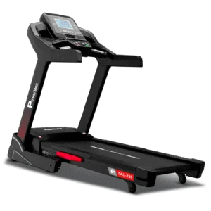 PowerMax TAC-330 AC Motorized Treadmill in black, showcasing the large LCD console, wide running belt, and sturdy side rails.