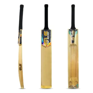 GLS Destroyer Golden Scoop Cricket Bat highlighting its metallic gold 3D embossed stickers, deep back scoops, and ultra-thick 50mm double-blade profile.