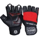 Kobo WTG-56 Gym Gloves showcasing the thick padded leather palm, integrated long wrist wrap system, and breathable backhand mesh panels.