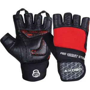 Kobo WTG-56 Gym Gloves showcasing the thick padded leather palm, integrated long wrist wrap system, and breathable backhand mesh panels.