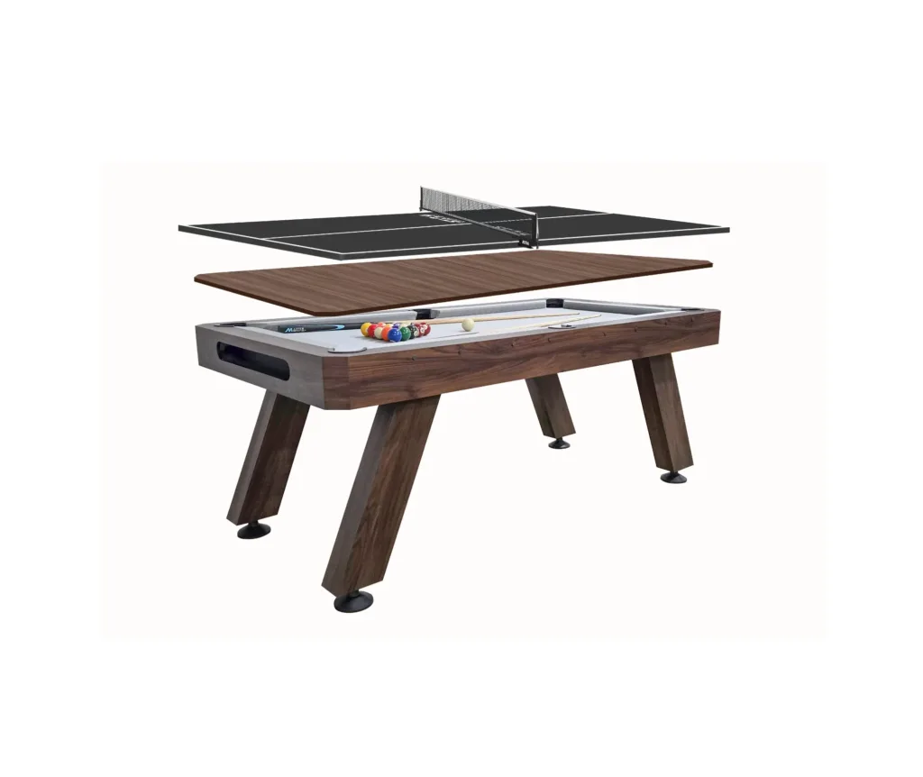 STAG ConvertX 3-in-1 Table in a wooden finish, showing the transition between the pool table surface and the removable table tennis top.