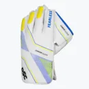DSC Condor Glider Wicket Keeping Gloves in white with blue and yellow accents, showcasing the textured pimpled rubber palm and rigid protective padded cuffs.