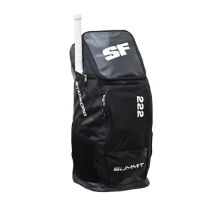 SF Summit 222 Duffle Bag in Black/Gold, highlighting the internal bat sleeves, padded shoulder straps, and reinforced base.
