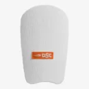 Image Alt Text: DSC Shield-X Cricket Batting Arm Guard in sleek white, highlighting its contoured 3D molded outer shell and dual elastic closure straps.