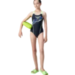 Speedo Girl's Endurance10 Medley Print Muscleback V-Cut One Piece Swimsuit | 80% Nylon 20% Elastane | CREORA HighClo | UPF 40+ | Ages 5–14 | Training & Lessons - True Navy & Pale Clover